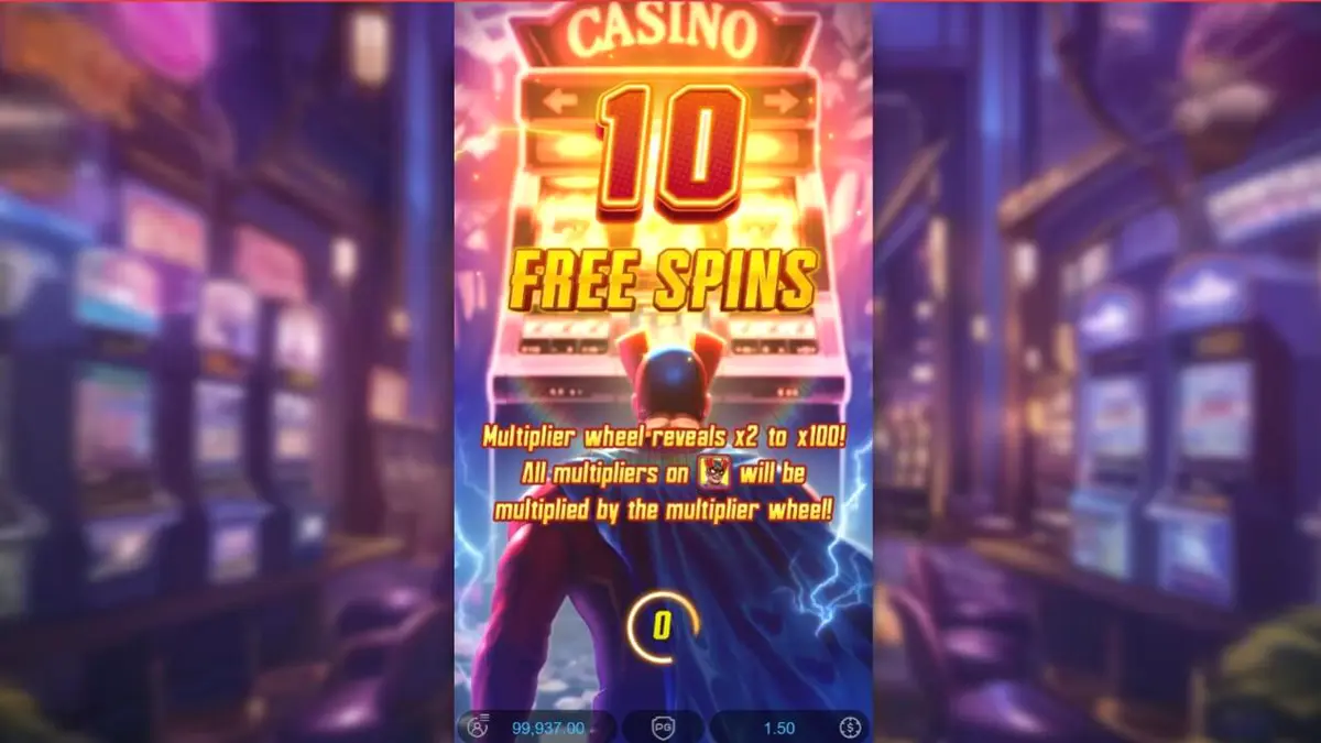 Interface vibrante do jogo Super Wildrix com tema de super-herói e luzes neon