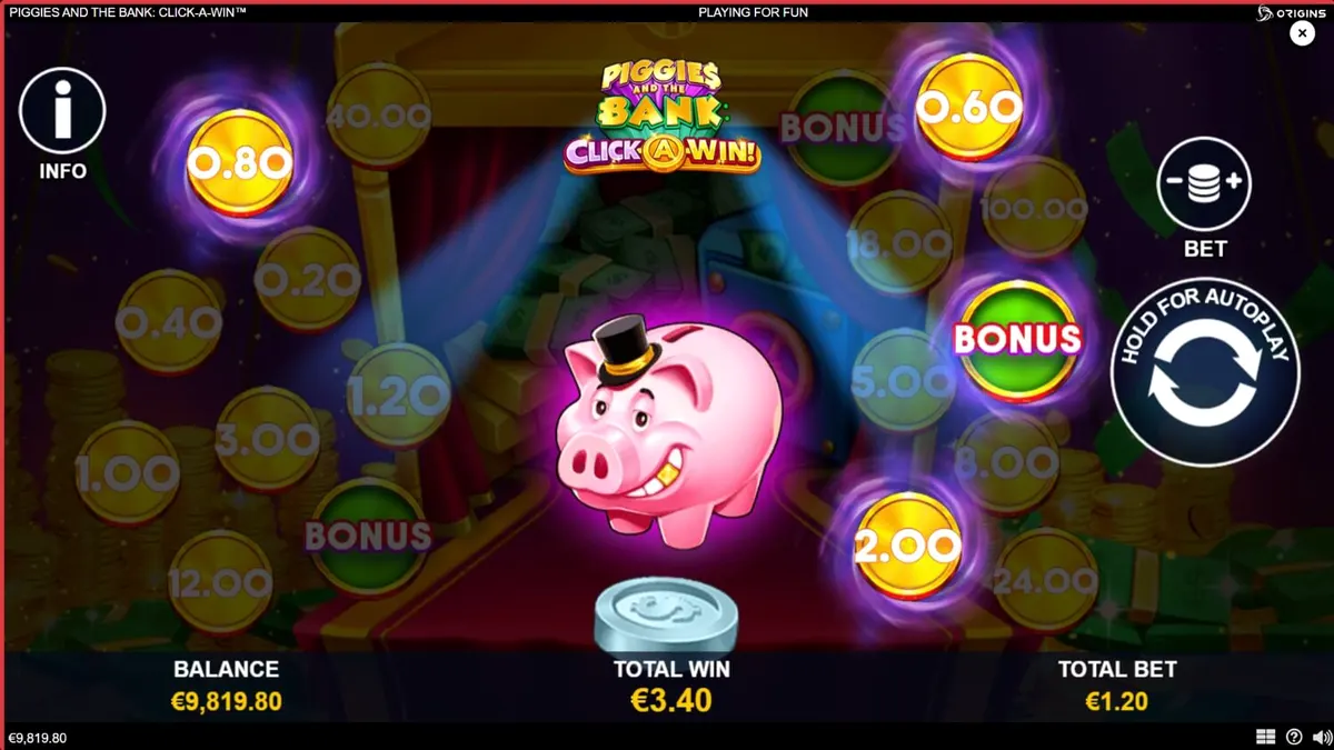Interface do jogo Piggies and the Bank: Click-A-Win em um smartphone
